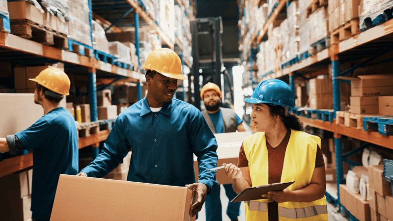 warehouse worker wearing hard hat talking to supervisor wearing a hard hat in a warehouse