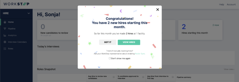 screenshot of a pop-up modal in the WorkStep app that shows new hires