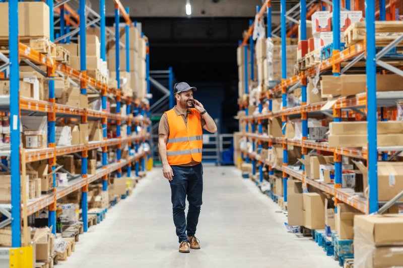 warehouse worker walking down an aisle in a warehouse talking on his headset