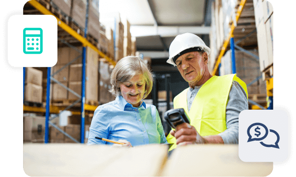 image of workers in a warehouse engaging with each other and a machine. There are 2 icons on the image - one is a calculator, one is speech bubbles